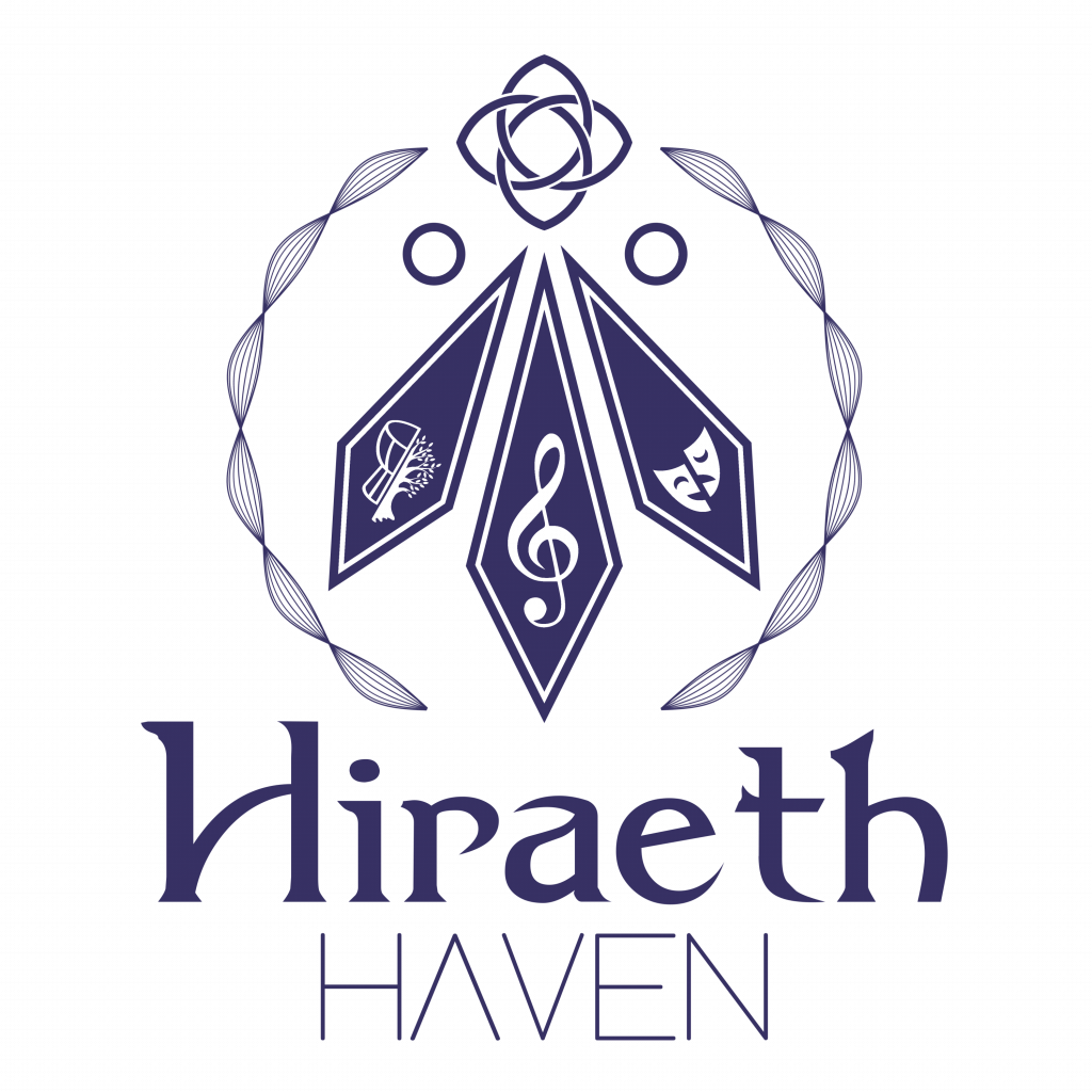 Dark purple logo for Hiraeth Haven. Featuring the Awen symbol with music therapy, treble clefand performing arts logos in the legs of the Awen. Company name is at the bottom and the celtic knot for healing is at the top of a circle around the logo