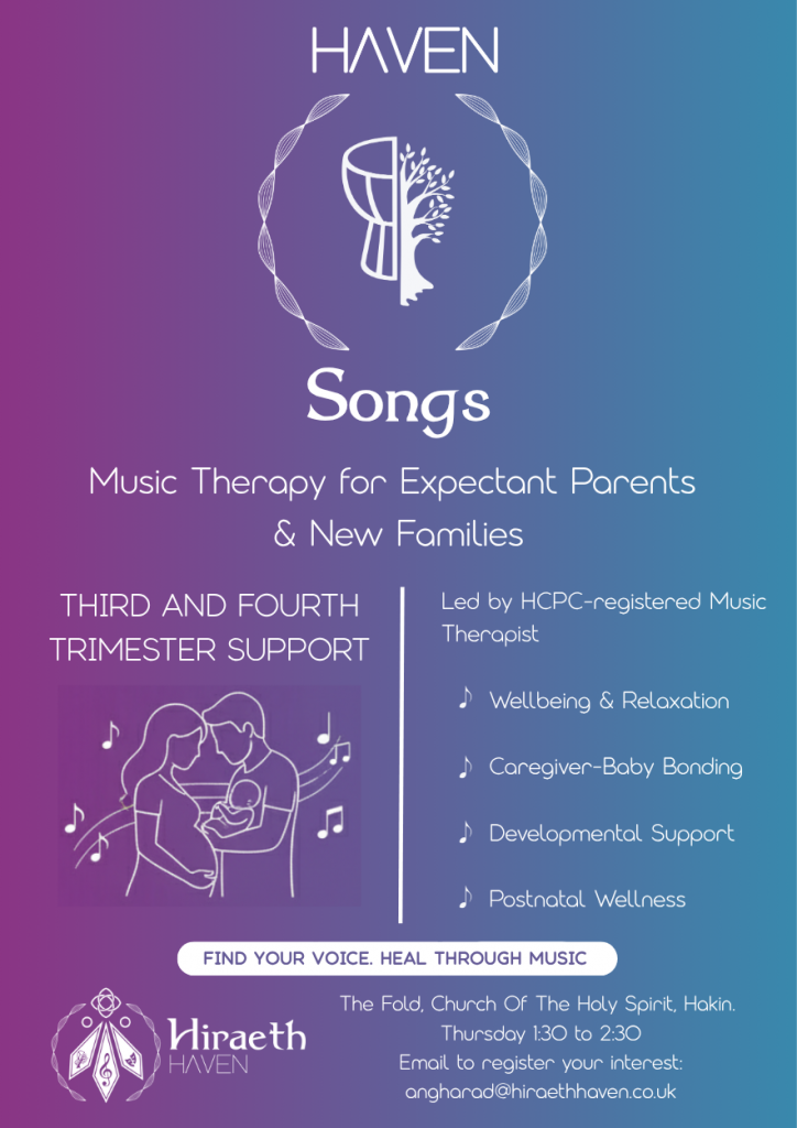 A flyer containing the information about Haven Songs, an ante and postnatal music therapy group for expectant and new families. 